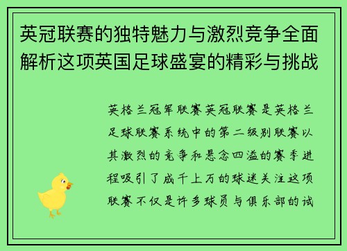 英冠联赛的独特魅力与激烈竞争全面解析这项英国足球盛宴的精彩与挑战